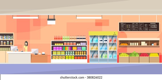 Big Shop Interior, Sales Woman Stand Near Cash Desk Vector Illustration