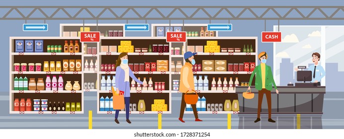 Big Shop Super Market Shopping Mall Interior store inside shelves with dairy products. People buyers in medical masks in line at cash desk social distance. Flat Vector Illustration