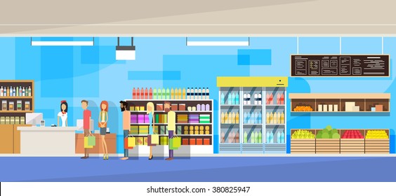 Big Shop Super Market Shopping Mall Interior People Customers Stand In Line Sales Woman Cash Desk Vector Illustration