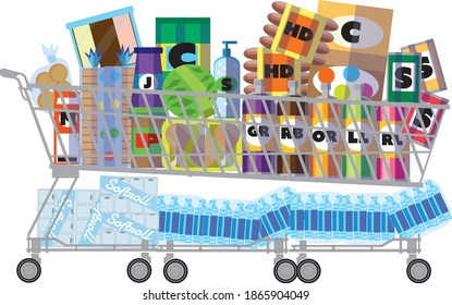 big shopping cart too full of hoarded food