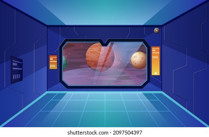 Big Shuttle Window On Spaceship With View Of Other Planets