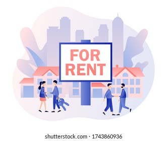 Big sign House for sale. Real estate business concept with houses. Tiny real estate agents or broker shaking hands with people. Modern flat cartoon style. Vector illustration on white background