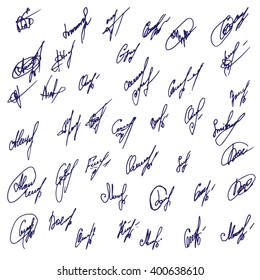 Big Signatures set - group of fictitious contract signatures. Business autograph illustration.