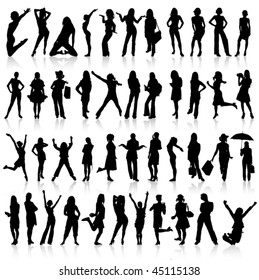 Big silhouette collection of women. Vector.