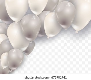 Big silver balloons isolated on transparent background, vector illustration. Realistic baloon celebration graphic elements.