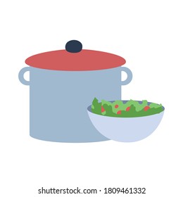 big silver pot with soup and a plat of salad vector illustration design