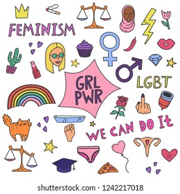 Grosser, einfacher Feminismus mit Protestsymbolen und Text. Vektorillustration-Farbgrafik für Web