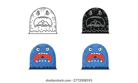 A big, simple monster character, colored blue, with a large, gaping mouth and wide eyes, presented in outline, silhouette, and two identical color versions.