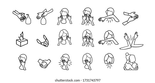  A big simple set of Coronavirus security related icons. stock vector illustration isolated on white background. Contains icons such as Hand Wash, Masked Man, Handshake, and more. Editing Set.