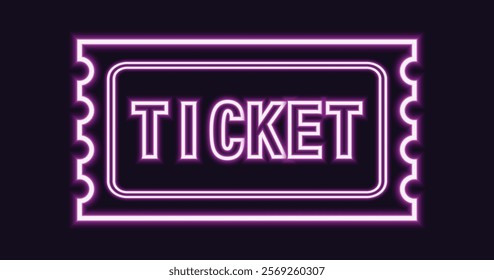 Big simple ticket for social networks in neon light style on dark background.  Raffle ticket for cinema, movie, party or other event.