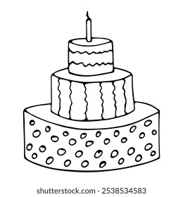 Big single hand drawn doodle cream cake with candle. Vector black line clip art in simple style. Element for greeting cards, posters, stickers and birthday design. Isolated on white.