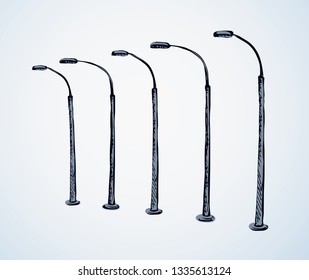Big single iron led lit spotlight set on white backdrop. Freehand dark black ink outline hand drawn path public object logo icon pictogram in art doodle style pen on paper space for text. Closeup view