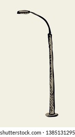 Big single iron led lit spotlight set on white backdrop. Freehand dark black ink outline hand drawn path public object logo icon pictogram in art doodle style pen on paper space for text. Closeup view