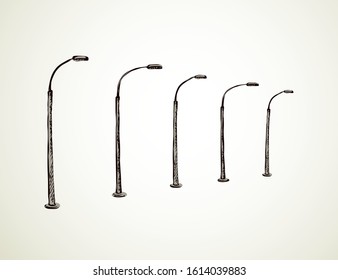 Big Single Iron Led Lit Spotlight Set On White Backdrop. Freehand Dark Black Ink Outline Hand Drawn Path Public Object Logo Icon Pictogram In Art Doodle Style Pen On Paper Space For Text. Closeup View