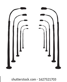 Big Single Iron Led Lit Spotlight Set On White Backdrop. Freehand Dark Black Ink Outline Hand Drawn Path Public Object Sign Icon Banner In Art Doodle Style Pen On Paper Space For Text. Closeup View