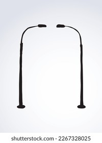 Big single iron led lit spotlight set on white backdrop. Freehand dark black ink outline hand drawn path public object sign icon banner in art doodle style pen on paper space for text. Closeup view