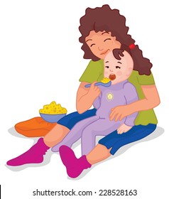 A big sister feeding a little brother or sister. Hand drawn illustration.