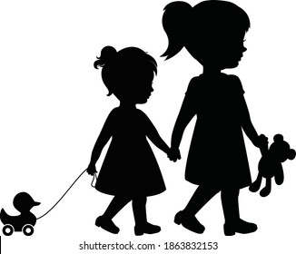 Big sister and little sister holding hands walking with duck and teddy bear