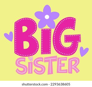 
big sister text in pink, hearts and little flowers