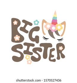 Big Sister vector file. Unicorn clip art. Birthday party decor. Isolated on transparent background. 