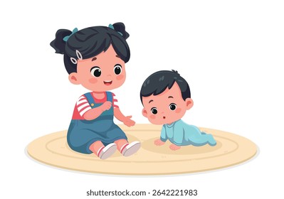 Irmã mais velha assistindo Irmãozinho aprender a rastejar - Ilustração de vetor de desenhos animados