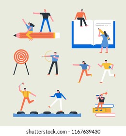 Big size education object and small people concept flat design style vector graphic illustration set