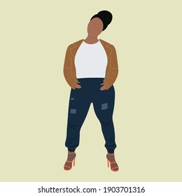 Big size Girl waering t sirt jacket and jeans,stylish model vector ilustration.