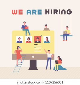 big size monitor and downsizing characters are searching for talent person on the web. flat design style vector graphic illustration set