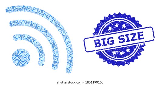 Big Size scratched seal print and vector recursive mosaic internet source. Blue seal includes Big Size caption inside rosette.