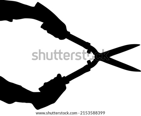 Big size secateurs on hand vector silhouette, using pruning shears, isolated on white background, fill with black color tree and shrub pruner, bonsai and garden tool idea, garden pruning concept