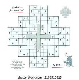 Big size Sudoku for smartest. Logic puzzle game. Write the numbers in empty places so that each straight line in each square contains different signs from 1 to 5. Page for kids brain teaser book.