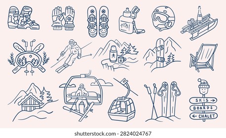 Big skiing set with boots, gloves, skis, bottle, helmet, lift, skier, cabin, and resort scenes in blue line art