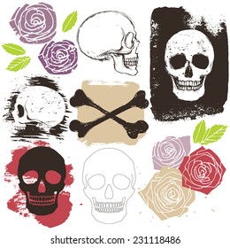 Big skull, crossbones and rose flower grunge style set, vector isolated objects and signs