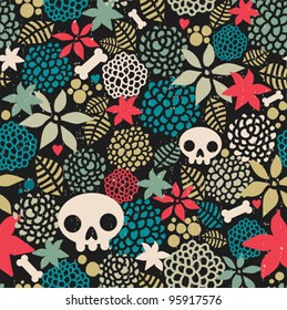 Big skulls and flowers seamless background. Beautiful vector texture.