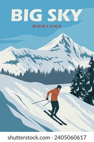 big sky resort montana vintage poster illustration design, ski poster background design