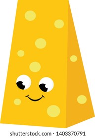 A big slice of cheese in bright yellow colour with a smile , vector, color drawing or illustration.