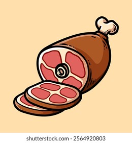 big slice of meat beef isolated colored drawing line art style sketch classic vintage design illustration