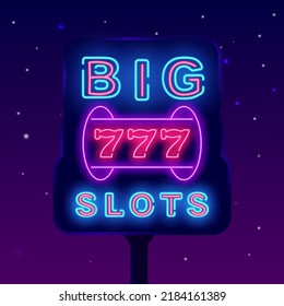 Große Slots Neonzeichen. Slot Maschine Jackpot Symbol. Gewinnerkonzept. Werbung auf der Straße. glänzende Tafel. Helles Logo. Bearbeitbarer Strich. Vektorgrafik