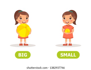 BIG and SMALL antonyms word card vector template. Flashcard for english language learning. Opposites concept. Little  girl holding  big and small ball in her hands. Illustration with typography