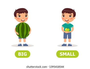 BIG and SMALL antonyms word card vector template. Flashcard for english language learning. Opposites concept. Little asian boy hold watermelon and an apple in his hands. Illustration with typography
