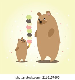 a big and a small bear holding a huge ice cream in its paw. cute baby illustration