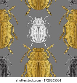 Big and small beetles on a gray background. Gold and white insects. Seamless pattern suitable for paper and fabric.