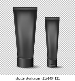Big and small black 3d cream tubes isolated on transparent background. Skincare product mockup for logo design. Plastic cosmetic containers template for creme, tooth paste, lotion, moisturizer, gel. 
