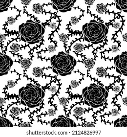 Big and small black roses with thorns, monochrome seamless pattern.