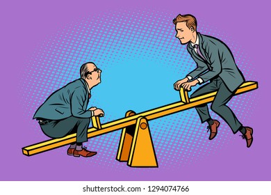 Big and small business equilibrium concept. Of a seesaw. Comic cartoon pop art retro vector illustration drawing