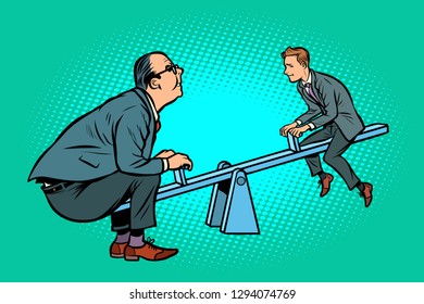 Big and small business equilibrium concept. Of a seesaw. Comic cartoon pop art retro vector illustration drawing
