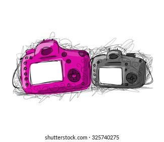 Big and small camera, sketch for your design. Vector illustration