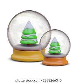 Big and small Christmas balls with tree and snow inside. Decoration and present concept. Presents for family. Vector illustration in 3d realistic style
