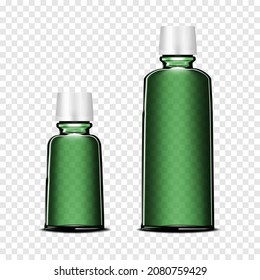 Big and small clear dark green bottles with white caps on transparent background. Cosmetic or medical product packaging