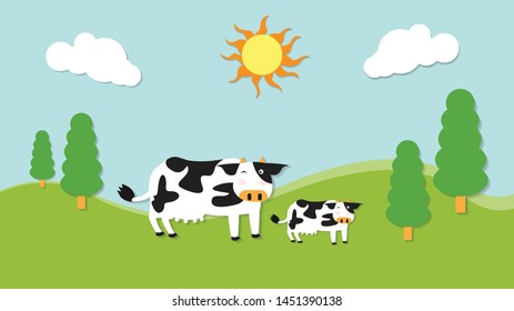 Big and small cows raised in the middle of the field, living naturally, vector.